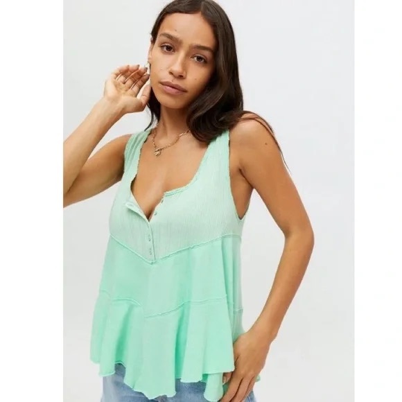 New UO Cadie Green Henley Tiered Tank Top Tunic Sz Medium - Picture 1 of 6